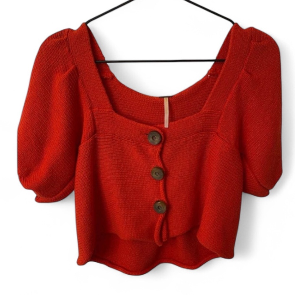 Free People Crop Women's  Button-Up Cardigan short sleeve orange